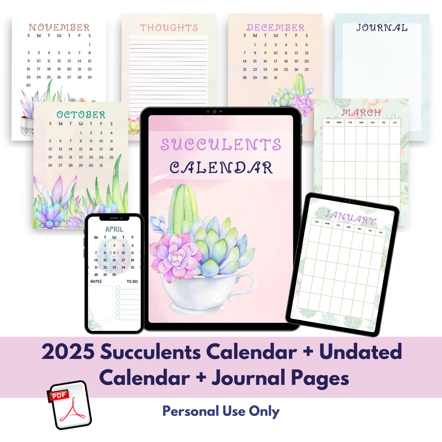 2025 Calendar + Undated Monthly Calendar + Journal Pages