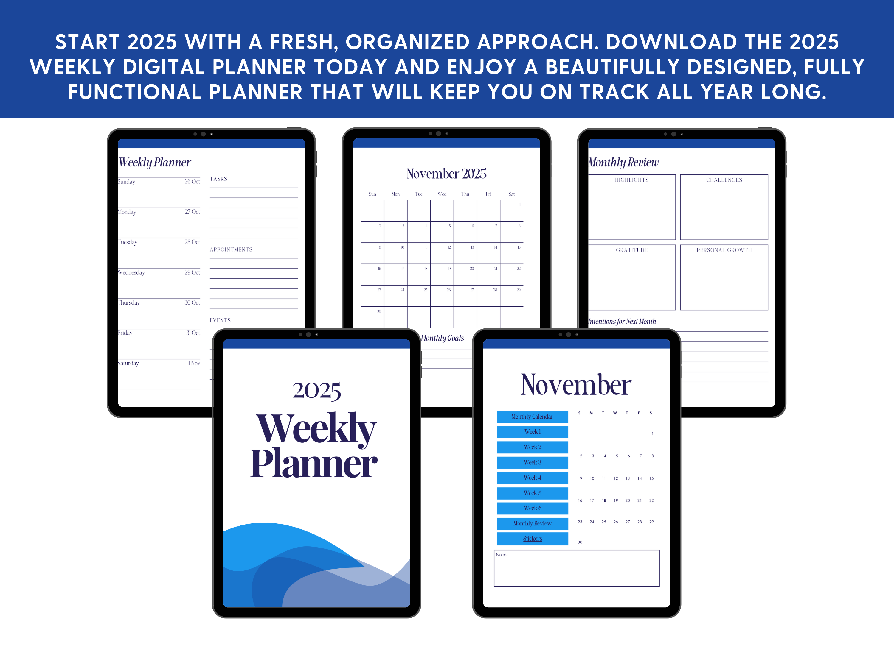 2025 Weekly Digital Planner - Blue & Navy