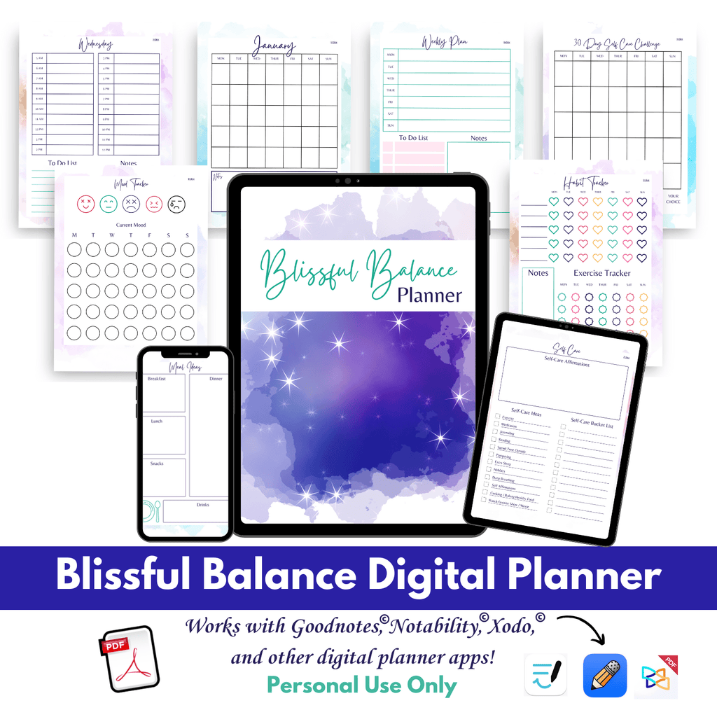 Blissful Balance Digital Planner Cover shot with example pages like weekly planner, monthly planner, daily planner, habit trackers, etc.