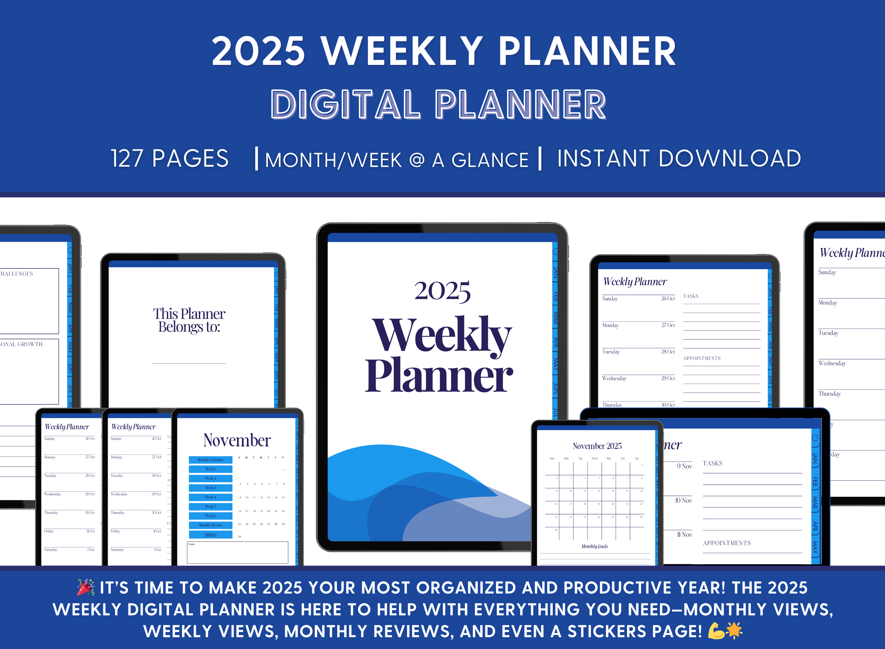 2025 Weekly Digital Planner - Blue & Navy