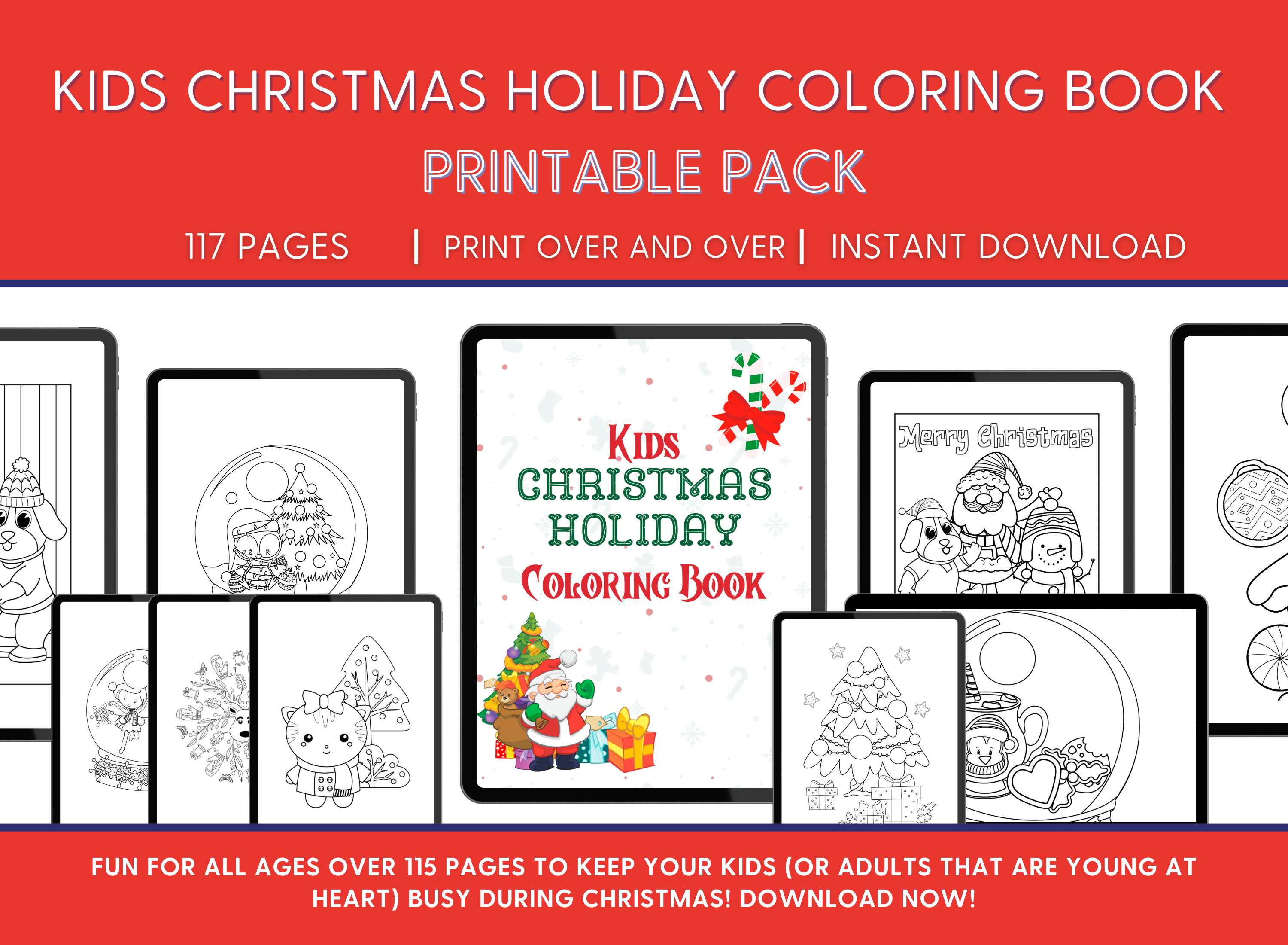 Kids Christmas Holiday Coloring Book Printable Pack