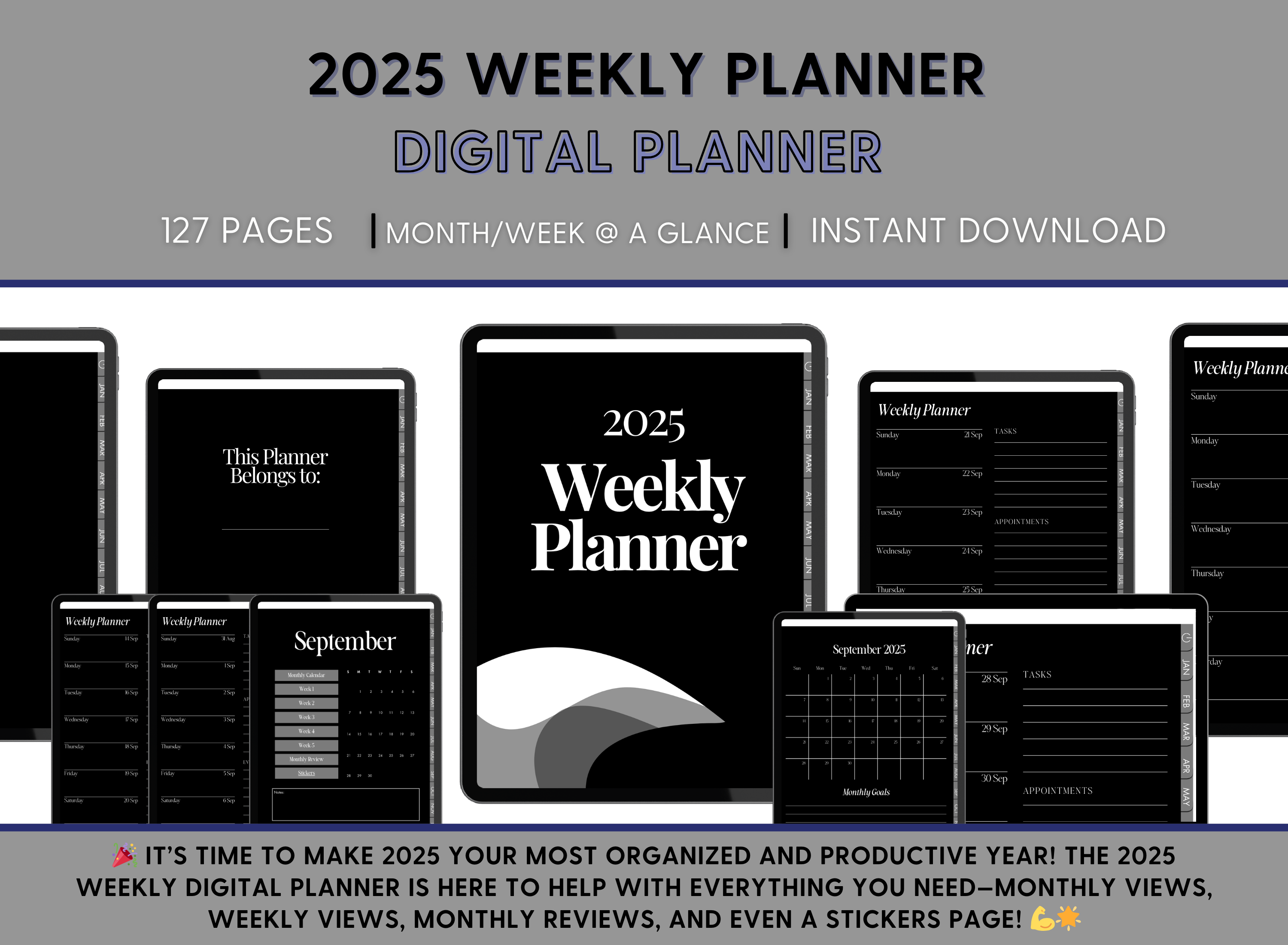 2025 Weekly Digital Planner - Black & Gray