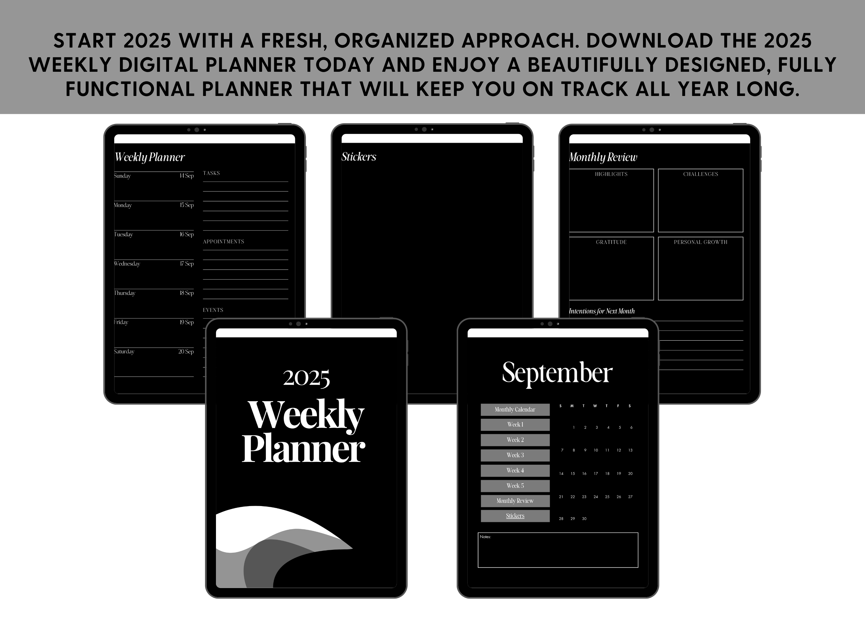 2025 Weekly Digital Planner - Black & Gray