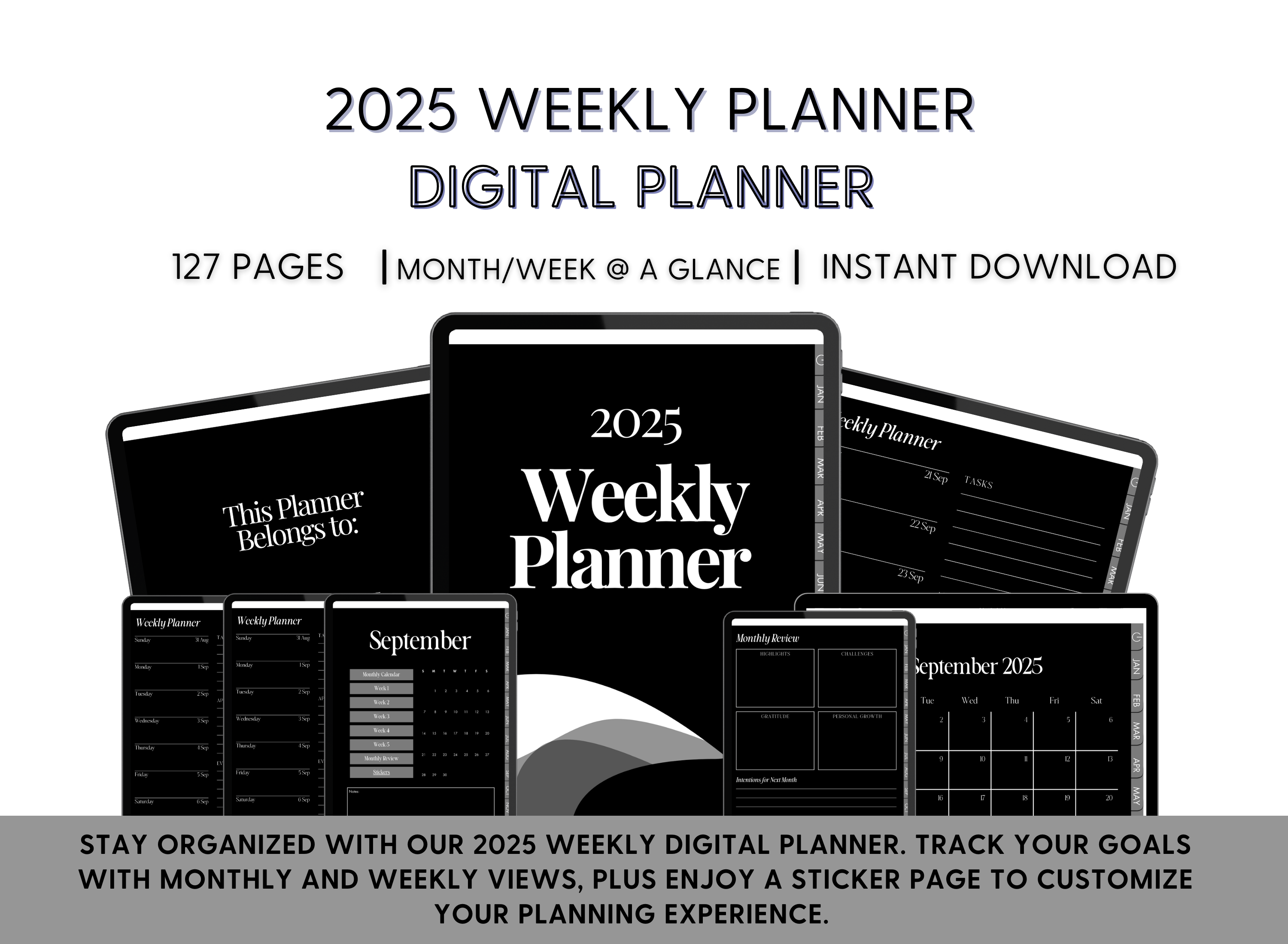 2025 Weekly Digital Planner - Black & Gray